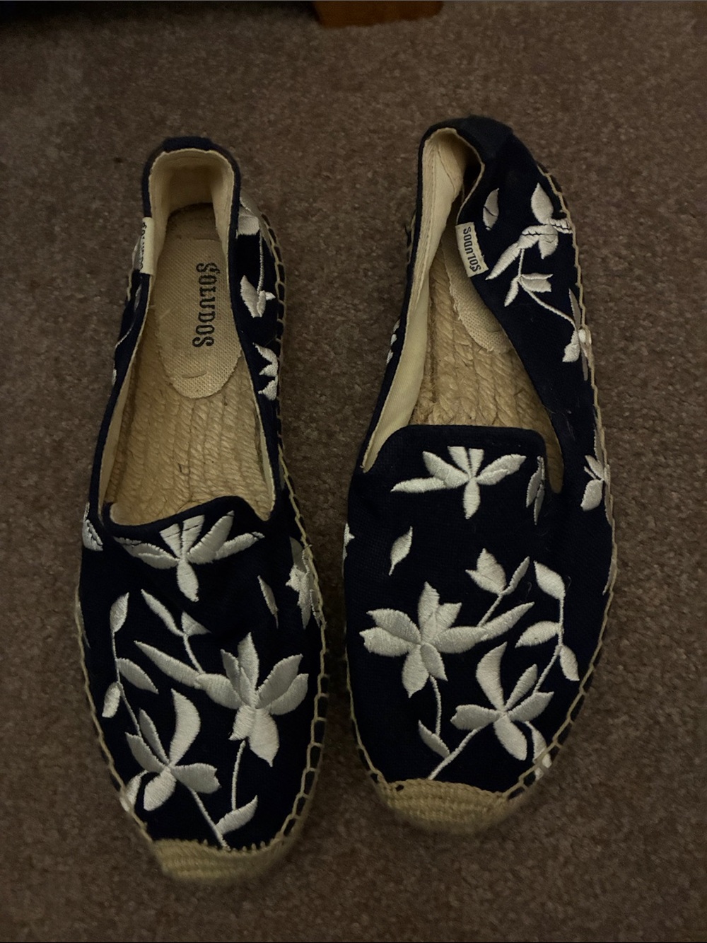 Soludos Navy Espadrilles with White Floral Embroidery